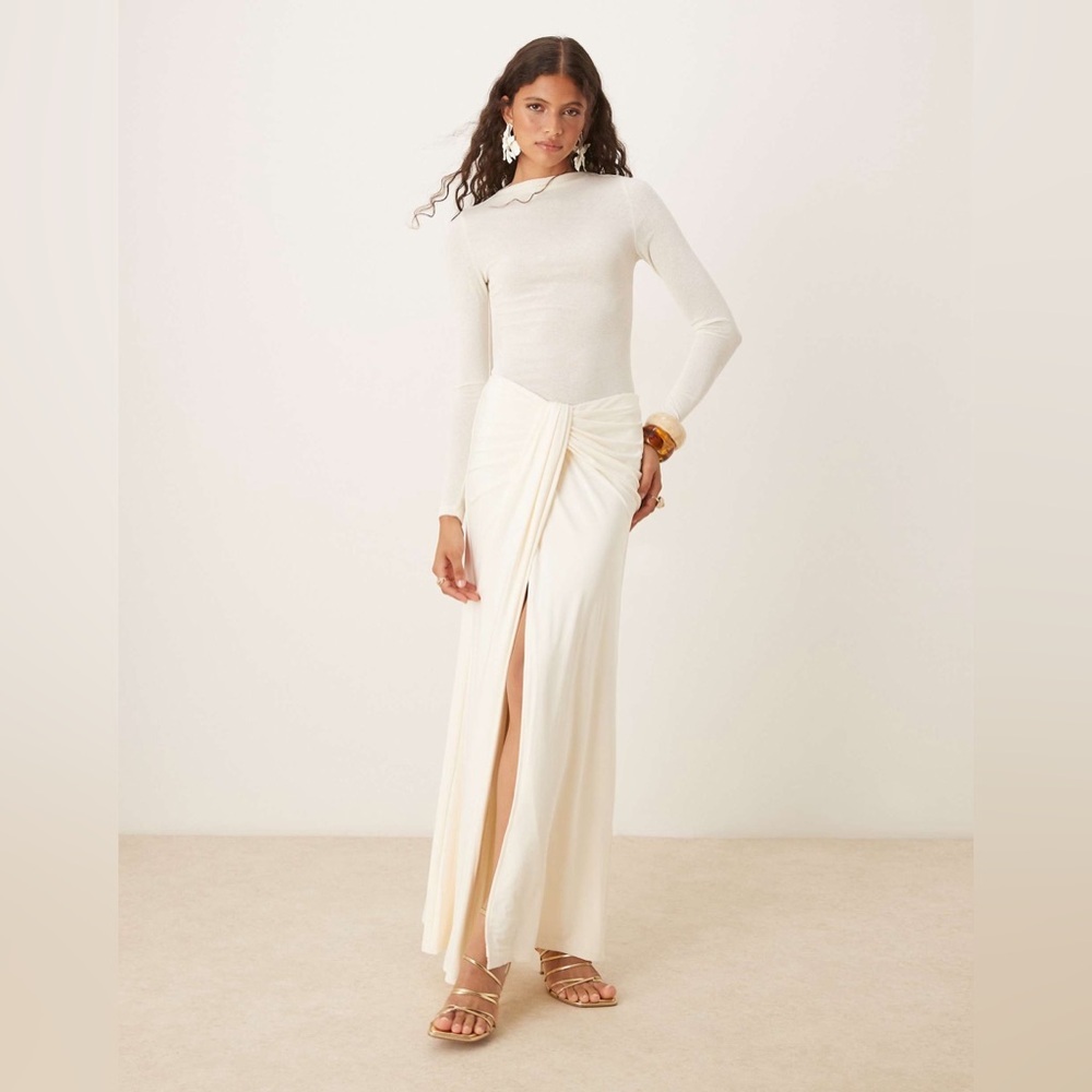 SNDYS Off-White Twist Front Maxi Skirt Side Slit Sheer Lined Size Small